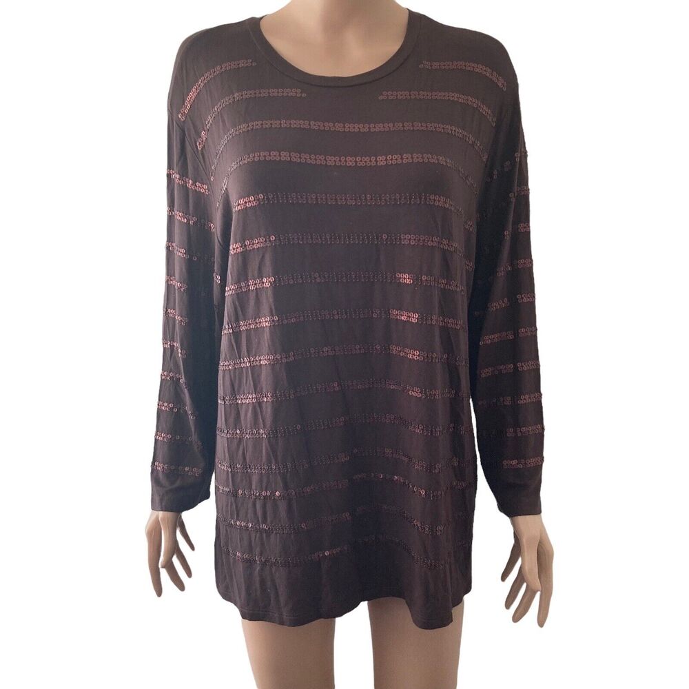 Vintage Theme Shirt Brown Sequins Long Sleeve Stretch New Womens Size 1X